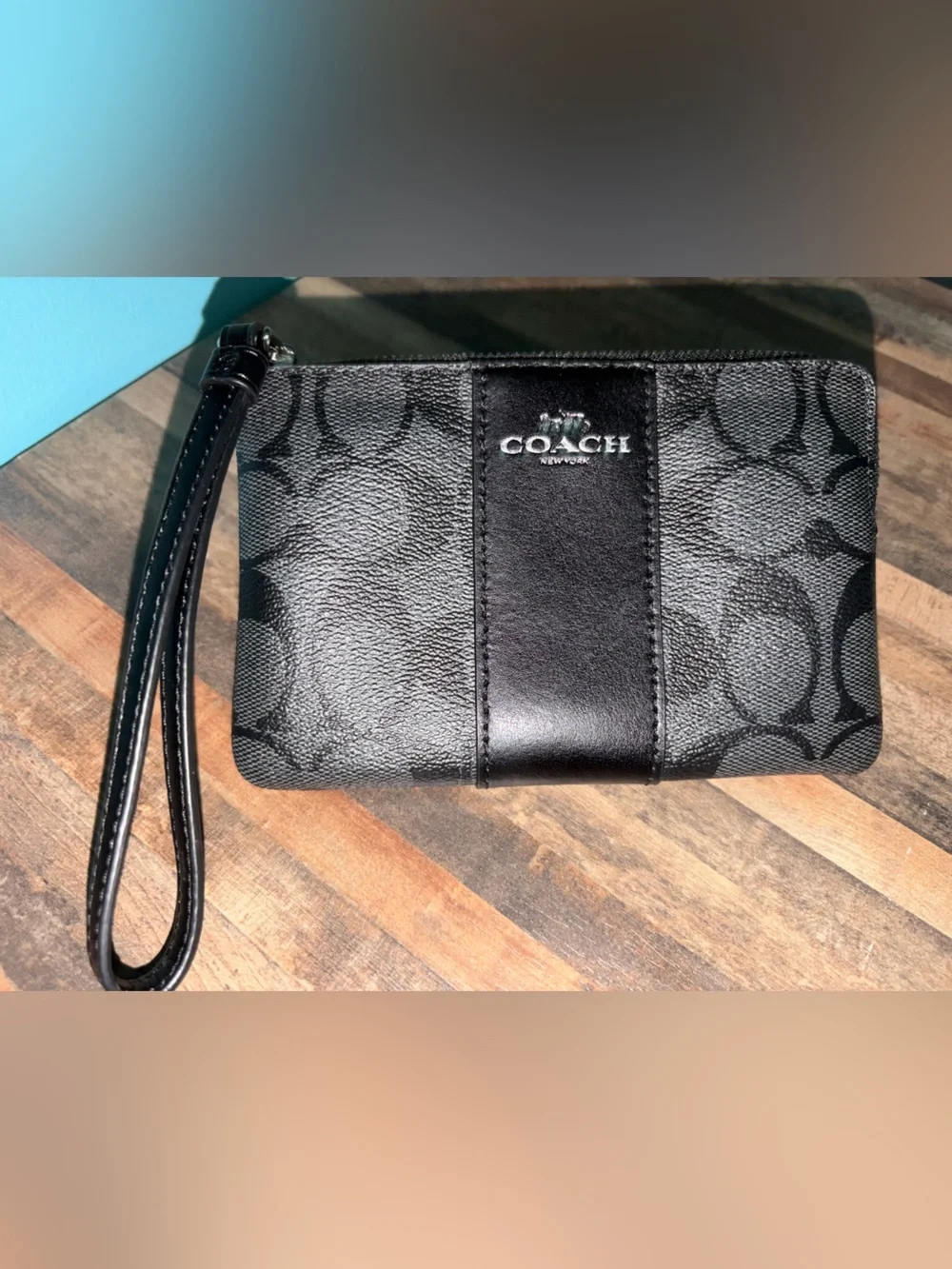 Coach Black Signature Wristlet with Leather Trim